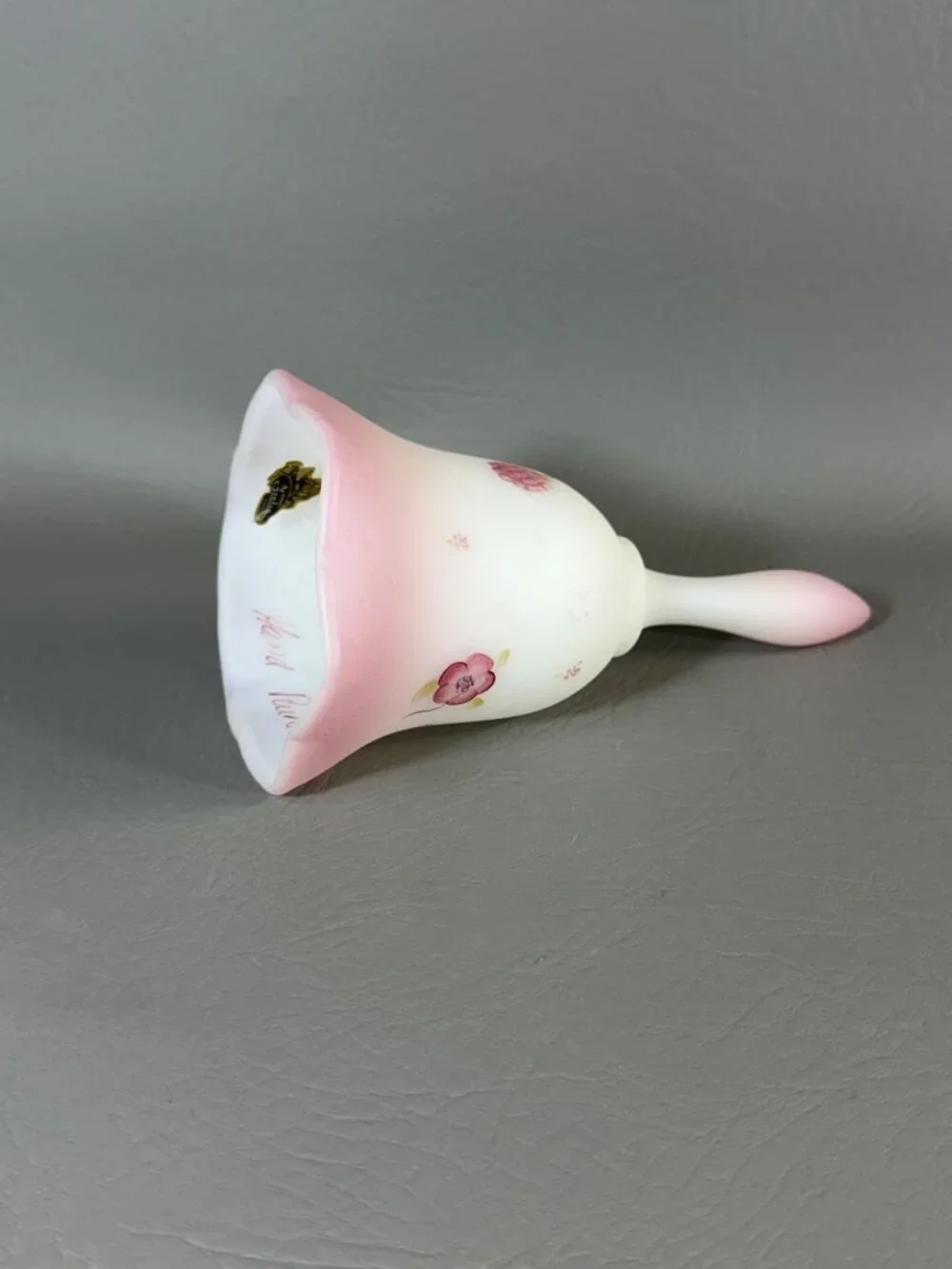 Vintage Fenton Art Glass Bell Hand-Painted Floral Signed C. Smith Pink Satin